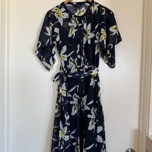 Club Monaco Navy Floral Buttondown Dress with Tiewaist